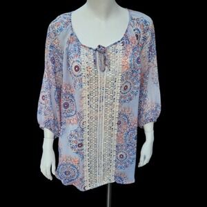 Dept 222 Women's‎ Blouse Boho Pattern Lace Keyhole Detail Size 1X Blue Orange